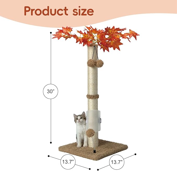 MECOOL Cat Scartching Post，30-inch Cute Scartching Posts for Indoor Cats and Kittens,Natural Sisal Rope and Hanging Ball Toy, Self-Grooming Brush,Beige