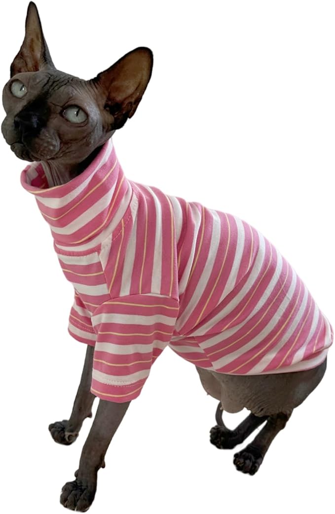 Vintage Stripes Sphynx Hairless Cats Shirt Cotton Cat Turtleneck Pet Clothes Kitten T-Shirts with Sleeves for Sphynx Cats (Sakura, X-Large)