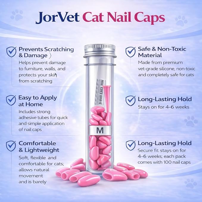 JorVet Cat Nail Caps (100pcs) | Soft Claw Covers for Indoor Cats to Stop Scratching and Protect Furniture | Easy to Apply, Safe, Non-Toxic with Durable and Comfortable Quality | Medium | Pink
