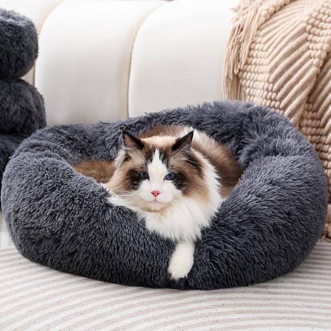Cat Beds for Indoor Cats with Non Slip Bottom Plush Rabbit Pillow Donut Dog Bed Soft Faux Fur Indoors Beds for Indoor Kittens Comfortable Rabbit Bed Up to 7 Lbs Small Pet