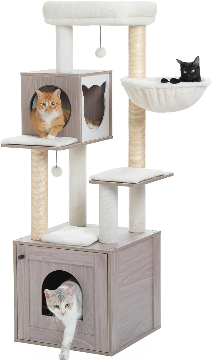 PETEPELA Cat Tree with Litter Box Enclosure, 2-in-1 Wood Cat Tower for Indoor Large Cats, 57.5'' Cat Condo with Scratching Posts, Cozy Hammock and Repalcable Dangling Balls, Grey