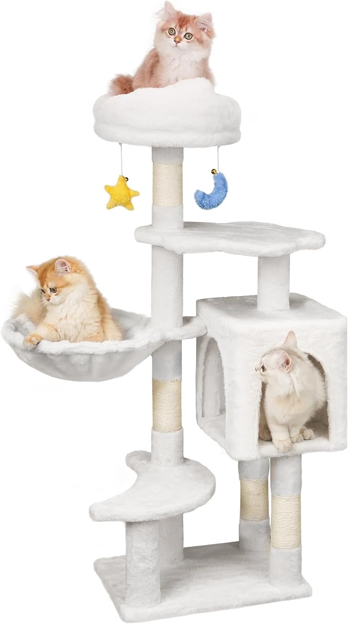 Meecal 43-Inch Cat Tree,Cute Cloud Cat Tree for Kittens & Small Cats Under 6 Months 9lbs, Cat Tower with Scratching Post, Double Condos, Plush Hammock & Dangling Toys, White
