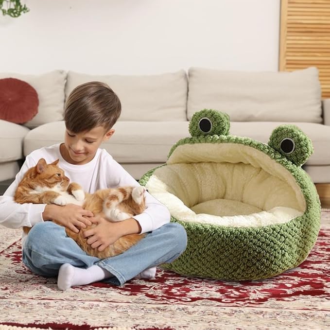 Frog Shape Cat Bed & Hideaway - Semi Closed Nest, Plush, Washable, Dog Cave & Kitten Rabbit Cat Beds
