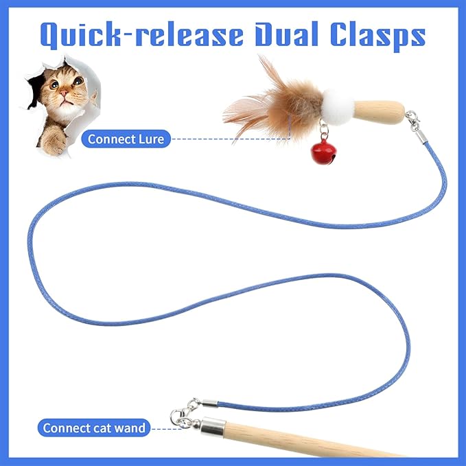 3 Pieces Replacement Strings for Cat Wand Toy, 25 Inch Long String Cat Toy Wire Kitten Wand Toy Refill Wires with Lobster Clasps for All Lures (White, Black, Blue)
