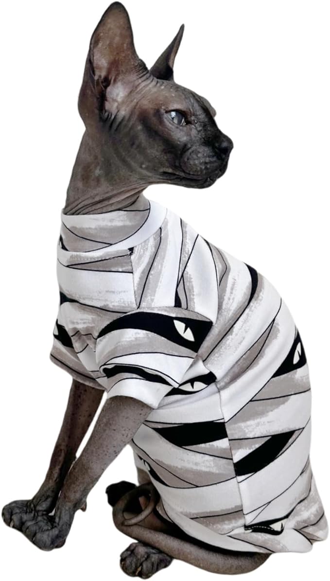 Limited Edition Sphynx Cat T-Shirts Elastic Hairless Cat Sweatshirt Pet Kitten Clothes Round Collar Kitten Shirts Vest Cats & Small Dogs Apparel (Mummy, XL (10-12 lbs))