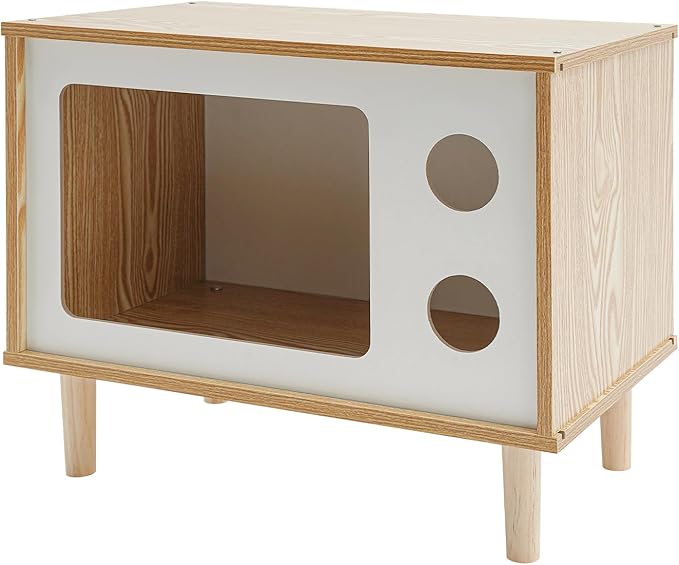 Solid Wood Cat House Nightstand, TV-Shaped Pet Bed with Peek-a-Hole, Modern Cat Furniture for Indoor Cats, Multi-Functional Bedside Table Load 165lb, 19.7" L x 11.4" W x 15.7" H