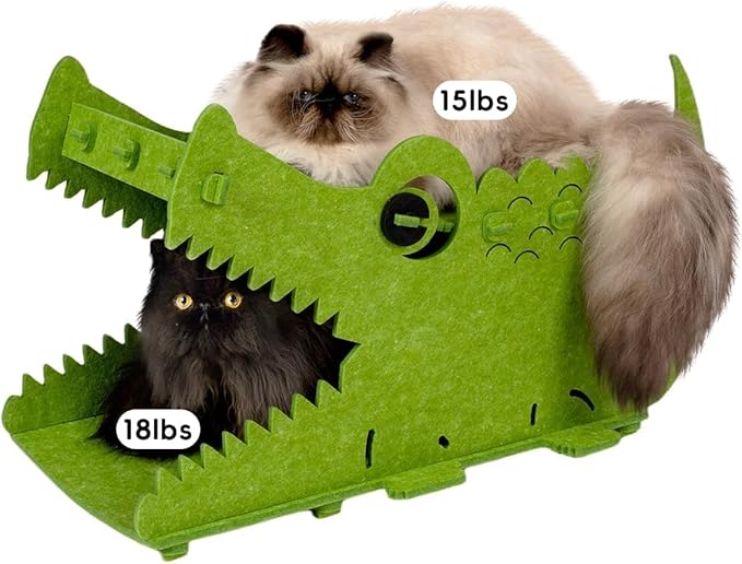 Cat Bed House Cave, for 25 LBs Indoor Cats, Large Cute Crocodile Felt Pet Perch, Scratcher Washable Kitten Playhouse, Enclosed Small Dogs Puppy Nest, Multi Layer Peekaboo Kitty Bedside Cube Furniture