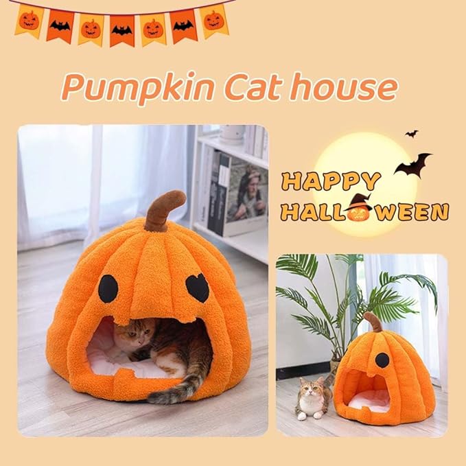 Cute Pumpkin Cat Bed for Indoor Cats，Pumpkin Shape Cat House with Removable Washable Cushioned Pillow，Cat Cave Bed Cat Tent for Puppy and Kitten (A-Orange,16 in)