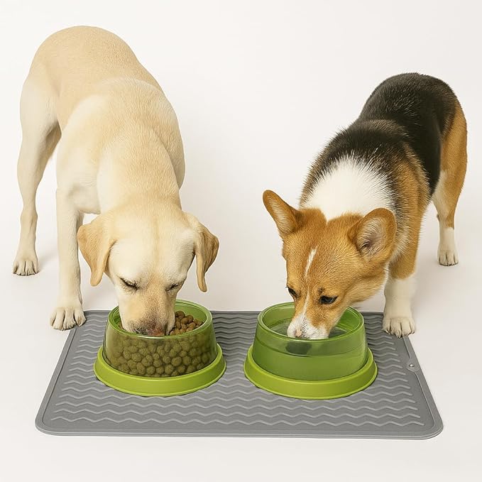 Silicone Pet Feeding Mat for Dogs, Cats, Small Animals, Non-Slip Waterproof Food and Water Mat with Raised Edge, BPA-Free Convenient Hook Storage by Dependable Industries (Gray, 12 x 16 inch)