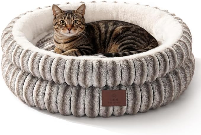 SOMAHE Cat Bed, Round Plush Faux Fur Donut Cuddler – Machine Washable Calming Cat Bed for Indoor Cats & Kittens, Removable Cushion Non-Slip Fluffy Kitten Bed, Cozy Small Cat Nest, 20" Inch Coffee