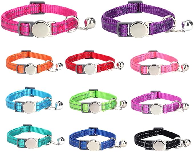 Personalized Cat Collar with Bell,Reflective Custom Engraved Name and Phone Number ID Tag for Cats Kittens & Puppies,Breakaway Safety Round Buckle|Reflective Adjustable Collars(7.5'' - 12'')