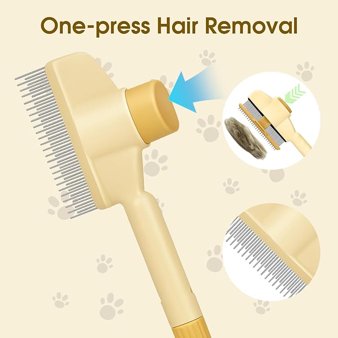Self-Cleaning Cat and Dog Comb – 2-in-1 Pet Hair Removal and Flea Comb with Stainless Steel Teeth and One-touch Release Button, Suitable for Hair Removal, Detangling, and Grooming Yellow