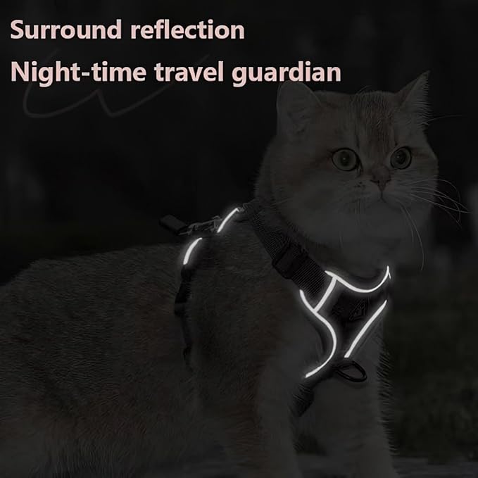 Cat Chest Harness and Leash Set for Walking Escape Proof, Soft Adjustable Vest Harnesses for Cats, Kitten Jacket with Reflective Strip, Easy to Put on with 3 Buckles for Traveling (Pink, XL)