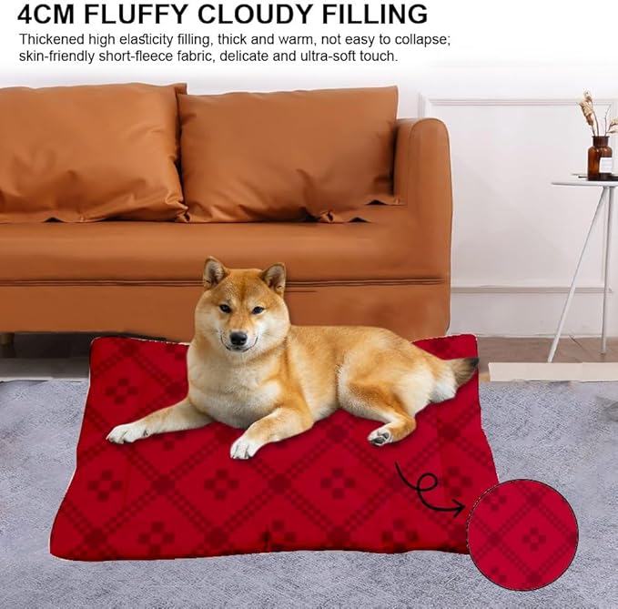 Red Geometric Textile Pet Dog Cage Mat Water Resistant Dog Bed Bed for Cage Rectangle Non- Slip Bottom Travel Accessories Multi- Scenario Kennel Mat Gift Printed Crate Pad 36× 24 Inch
