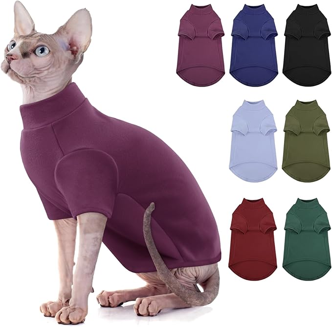 Turtleneck Sweater for Cat, Sphynx Cats Shirt Hairless Cat Sweaters with Sleeves, Warm and Soft Kitten Pullover Fleece Winter Pajamas Jumpsuit for Puppy Cats, Purple L