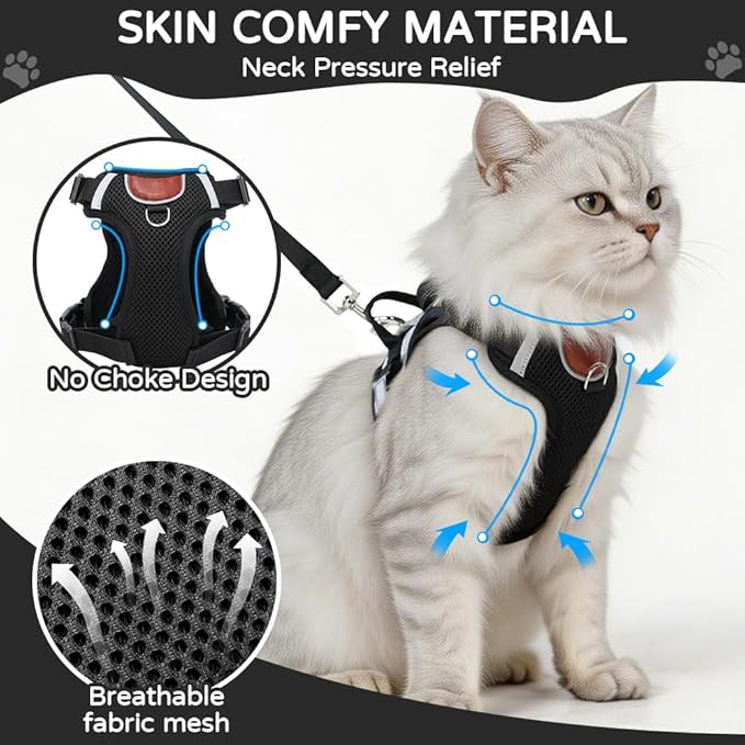 Cat Harness and Leash Set with Holder Compatible with AirTag, Upgraded Escape Proof Adjustable Vest Lead for Large Cat Small Dog Walking, Soft Breathable Mesh Jacket with Reflective Strips, Black, L