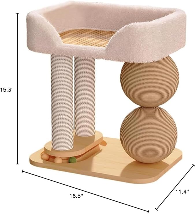 Modern Solid Wood Pet Cat Climbing Tree Tower with Sisal Ball Cooling Mat Cat Scratching Posts Wear Resist Integrated Sisal Bed Pet Climbing Frame Indoor for Summer (16.38X15.21X11.31 inch)