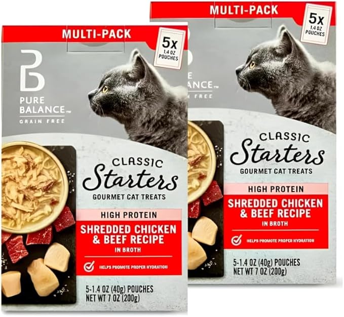 Pure Balance Classic Starters Gourmet Cat Treats, Shredded Chicken & Beef in Broth, High Protein, Soft Treats ~ 5 Pouches of 1.4 Oz Inside, Wet Cat Treat Adult Cats ~ (2 Box).