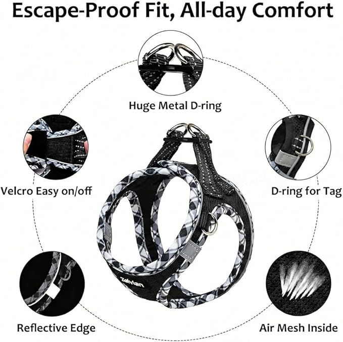 Cat Harness and Leash Set for Walking, Escape Proof Adjustable Soft Mesh Kitten Harness with Reflective Strips, Breathable No-Choke Pet Vest for Small Cats or Puppies(Black,XS)