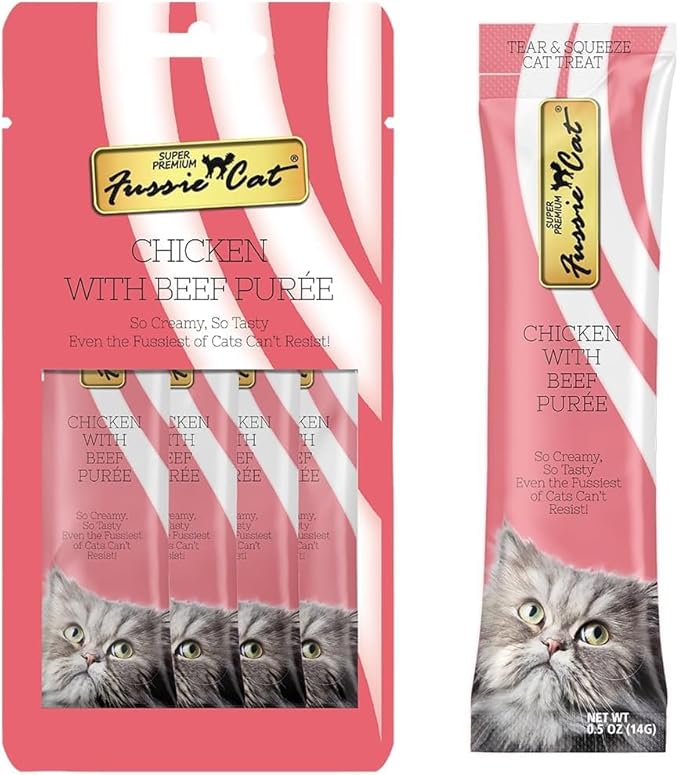 Fussie Cat Premium Puree Lickable Cat Treats in Chicken Puree, 4 Flavors, 4 Packs of 4-0.5oz Tubes (16 Total Tubes) +Spoon