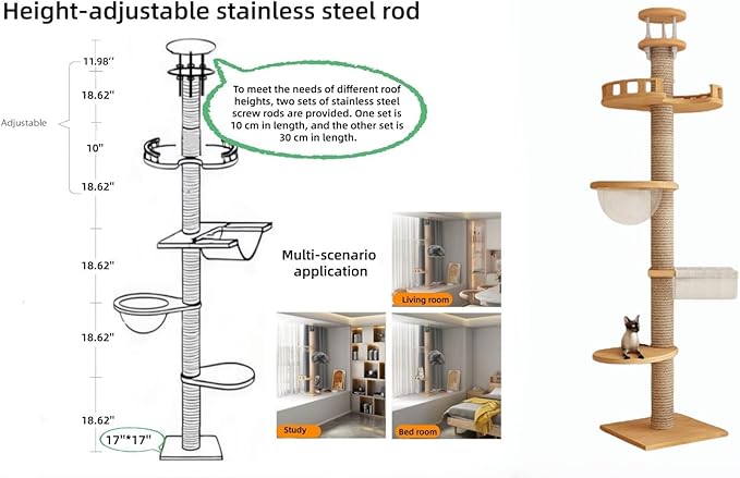 Cat Tree Floor to Ceiling,Solid Wood Height Adjustable Cat Tower,6-9.5ft Tall Cat Tree with Scratch Post for Large Cats,Aesthetic Multi-Level Cat Climbing Tree for Indoor Cat (L)