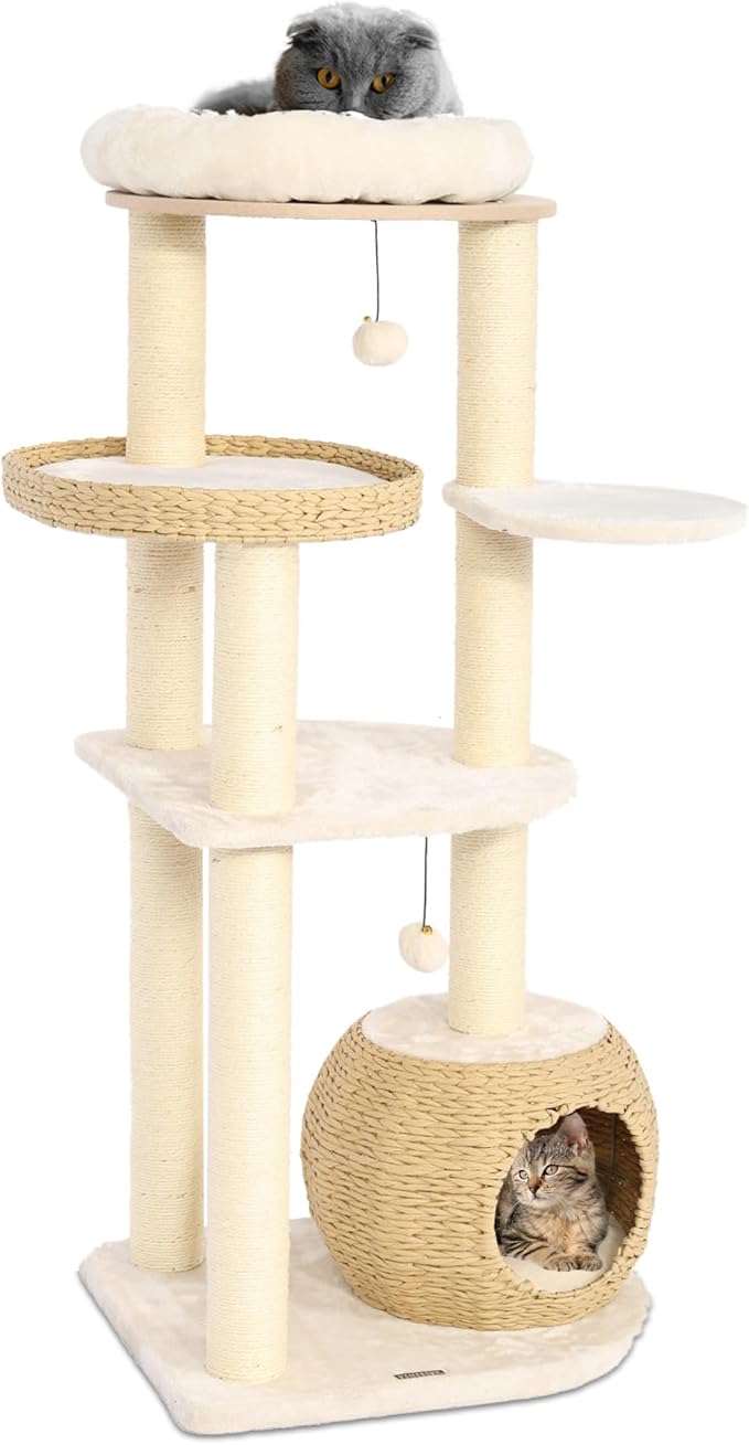 KAMABOKO Modern Solid Wood Cat Tree 53 Inch, Natural Sisal Scratching Posts Cat Tower for Indoor Cats, Cat Condo with Top Perch, Stable Wooden Cat Tree for Large Cats