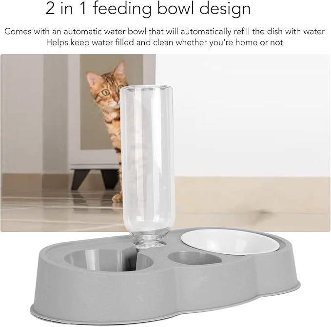 Double Pet Bowl Set, Non - Slip Stable 2-in-1 Food & Water Bowl with Automatic Water Dispenser Bottle, Feeding Station for Cats, Small Dogs and Mini Pets (Gray)
