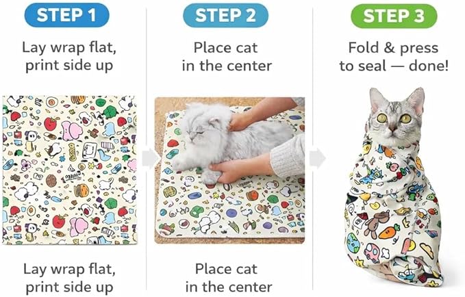 Cat Grooming Wrap for Nail Clipping, Self-Adhesive Cat Burrito Restraint Wrap, Anti-Scratch Cat Swaddle for Bathing, Soft Microfiber 70×70cm Fits Cats Up to 14lbs, Cartoon Doodle Print