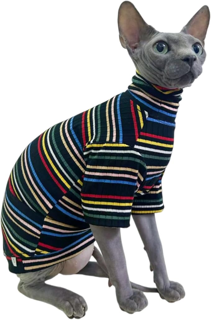 Turtle Neck Vintage Stripes Sphynx Hairless Cat Cotton T-Shirts Pet Clothes Vest Kitten Shirts Sleeveless, Cats & Small Dogs Apparel (Dark Rainbow, XS (2-3 lbs))