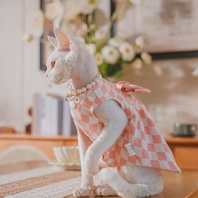 Sphynx Cat Pink Sleeveless Bow Dress with Pearl Necklace Set, Cute & Stylish Pet Apparel for Daily Wear, Cute Dress for Cats and Puppy (XX-Large (9.5-14 lbs))