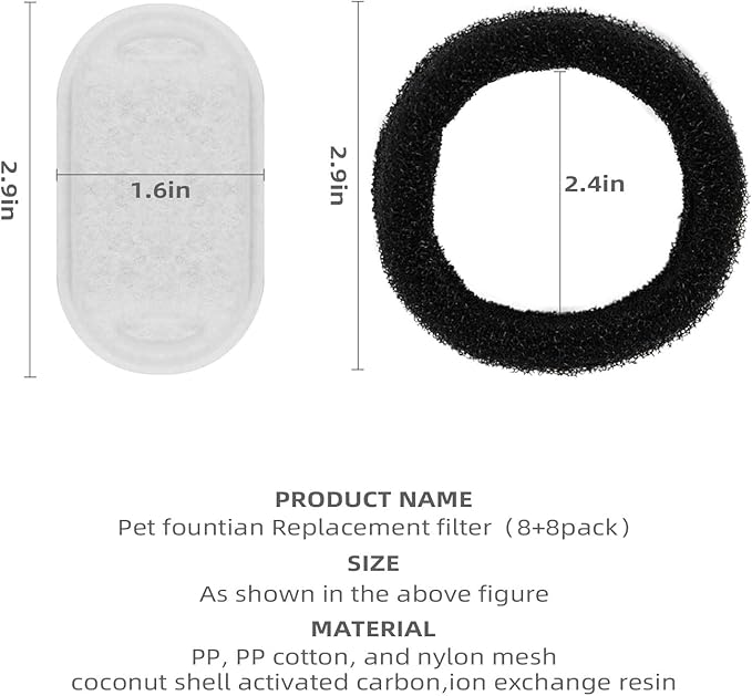 ONECUTE Cat Water Fountain Filter Compatible with Stainless Steel Dispenser, Efficient Filtration with Coconut Shell Activated Carbon and Fresh Water (8 Filters+8 Sponges)
