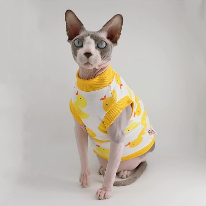 Sphynx Hairless Cat Summer Cotton T-Shirts Cat Vest Pet Clothes,Round Collar Vest Kitten Shirts Sleeveless, Cats & Small Dogs Apparel (Medium, Yellow Ducks)
