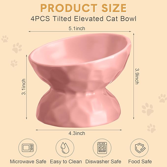 Bokon 4 Pcs Ceramic Raised Cat Bowl 6.8 oz Pet Food Bowl Anti Vomiting Pet Elevated Dog Feeder Tilted Cat Water Bowl Feeding Kitten Dishes for Small Dog Kitten(White, Yellow, Blue, Pink)