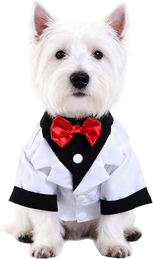 GabeFish Pets Wedding Jackets Suit for Dogs with Bow Tie Puppy Cat Formal Clothes Shirt Tuxedo (White, M (Chest 15.3in/39cm)