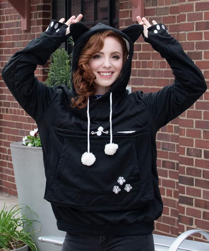 ALYC Unisex Hoodies Pet Holder Cat Dog Large Pouch Carriers Pullover with Cat Printing Sweatshirt (Black-Classic Version, XL)