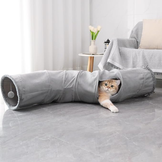 Pet Cat Tunnel Tube Cat Toys 2 Way Collapsible, Tunnels for Indoor Cats,S-Shaped Play Tube with Peephole and Hanging Ball,10.5" Maze Cats House for Puppies, Rabbits, Kitty, Kitten,Ferrets