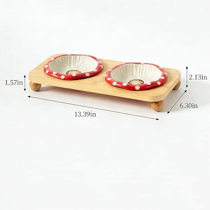 Ceramic Cat Bowl Set with Wooden Stand - Raised Elevated Food & Water Dishes to Prevent Black Chin, Slow Feed for Digestion, Non-Slip Stable Base for Dry & Wet Food