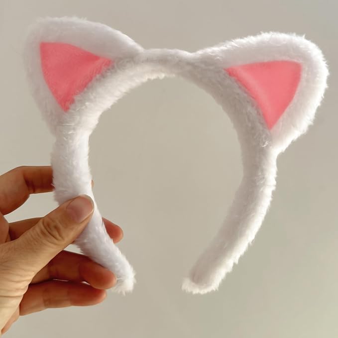 Cat Ears and Tail Set, White Cat Ears Headband with Bow tie, Furry Halloween Headband for Adults, Soft Animal Ears