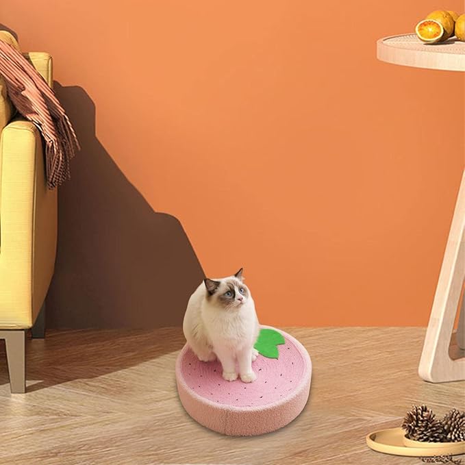 KLKCS Cat Scratcher Pad, Strawberry, Round, Compact, Multifunctional, Protects Furniture, Great Gift