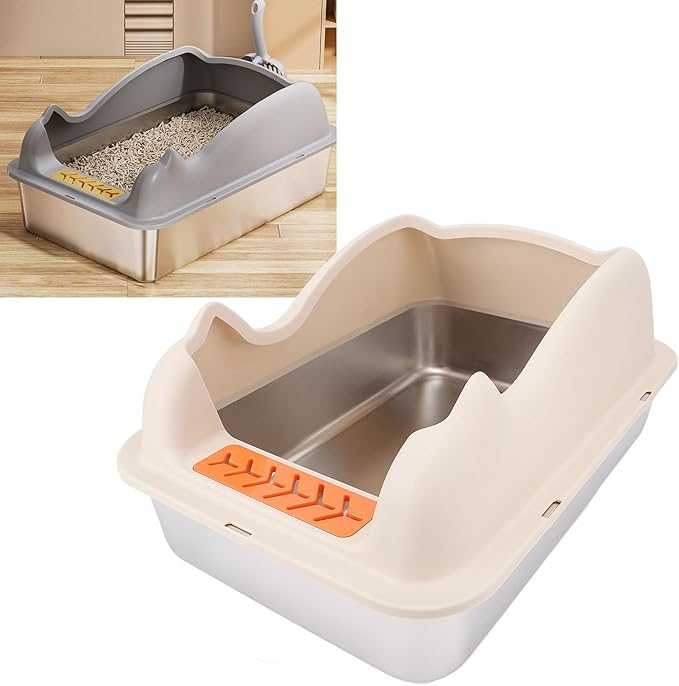 Large Stainless Steel Cat Litter Box with Lid | Easy to Clean, Anti Splash Design, High Sides for Less Mess (Khaki)