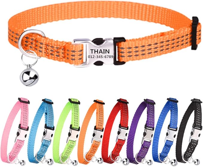 THAIN Cat Collar Personalized Reflective with Bell-Custom Cat Collar Engraved nameplate with Name and Phone,Adjustable for Cats and Kitten (Orange)