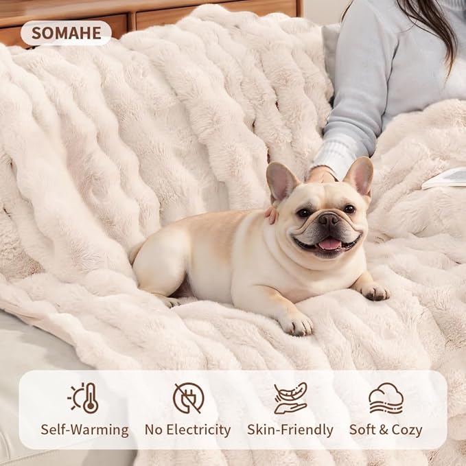 SOMAHE Dog Blanket, Reversible Sherpa & Bubble Fleece Pet Throw, Ultra-Soft Plush for Medium Dogs, Machine Washable, Anti-Static, Warm & Cozy, 39"×31" Inch White