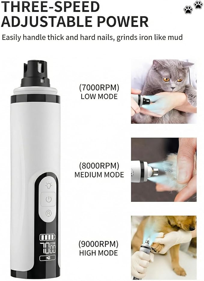Silent Pet Nail Grinder Pro, 2025 New Dog and Cat Nail Trimmer with LED Light and 3 Speed Settings, Suitable for Thick and Long Nails(1+2*Replacement Head)