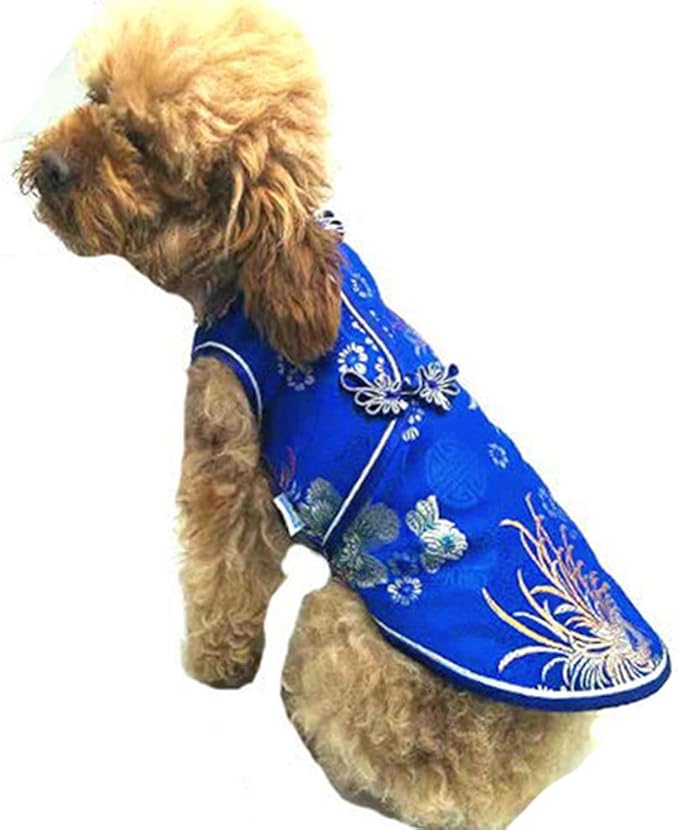 SEIS Pet Costume Tang Suit Dog Cheongsam Satin Clothes Chinese Style Clothing for Dogs Pet Skirt Puppy Cats Dress Dog Vest Tshirt (Blue, XS)
