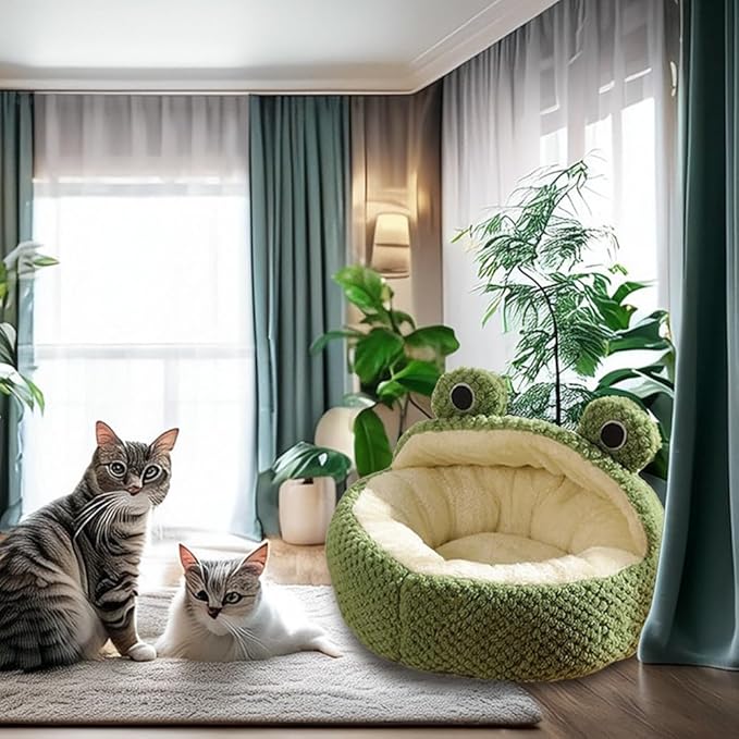 Frog Shape Cat Bed & Hideaway - Semi Closed Nest, Plush, Washable, Dog Cave & Kitten Rabbit Cat Beds
