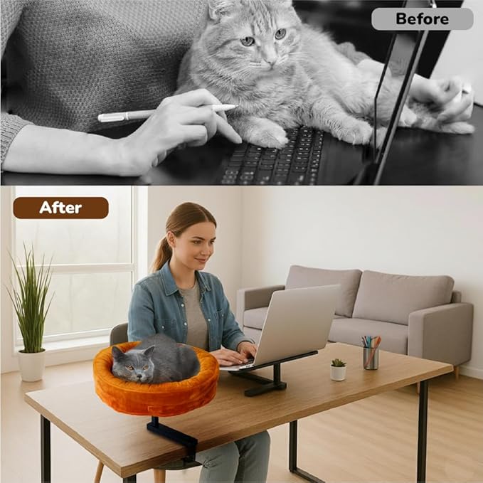 [Ready to Gift] PURRHOUSE Up to 45LBS Capacity Cat Desk Bed - 360° Rotating & Adjustable Shelf, Pet Perch for Desks with Washable Cushion, Desk Cat Bed Attachment for Various Tables (Brown)