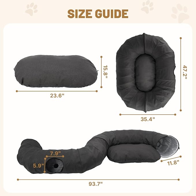 Extra Large Cat Tunnel, Cooling Natural Linen Big Tunnel for Large Cats, 47.2in Multi-Cat Family Long Cat Tunnel Bed with Washable Mat, Breathable & Durable Big Cat Tunnel for Cats, Dark Grey