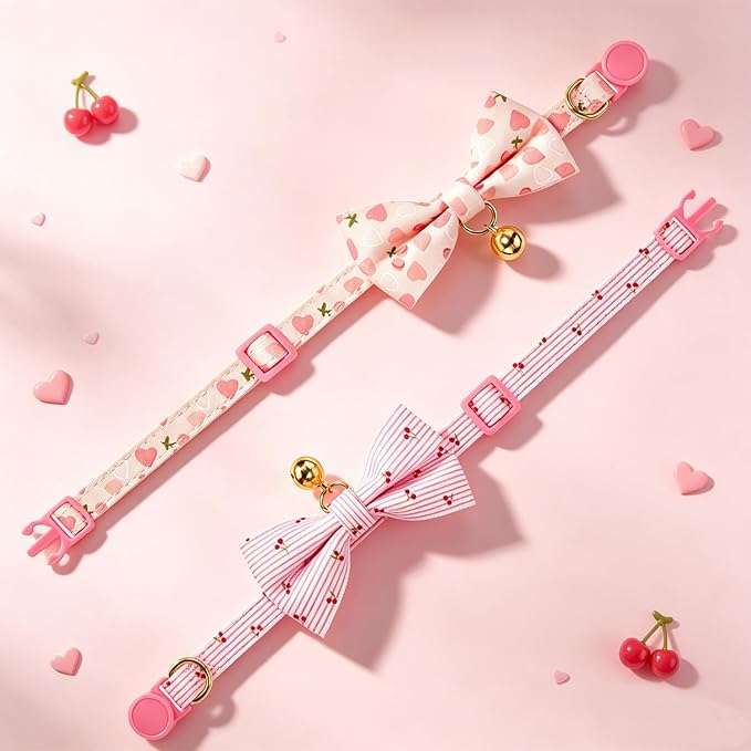 2 Pack Cat Collars with Removable Bow Tie and Bell, Adjustable Breakaway Kitten Collar, Cute Pink Cherry & Heart Print Pet Collar for Cats.(Adult Cat,Pink+Pink)