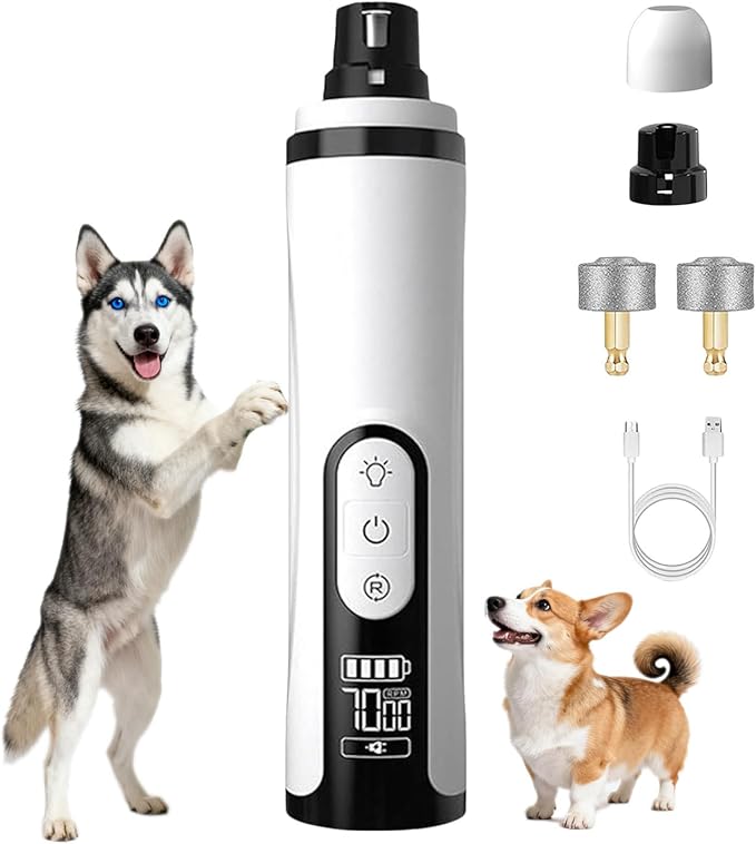 Silent Pet Nail Grinder Pro, 2025 New Dog and Cat Nail Trimmer with LED Light and 3 Speed Settings, Suitable for Thick and Long Nails(1+2*Replacement Head)
