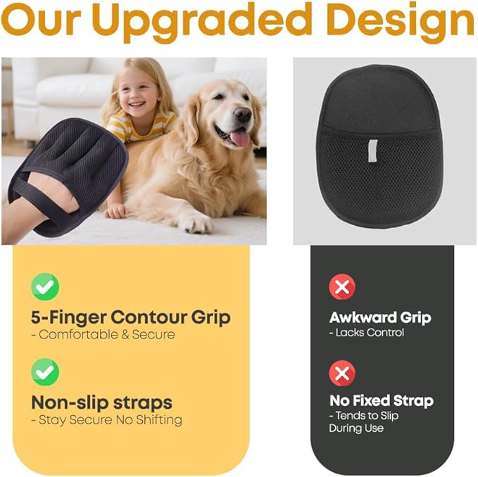 5‑Finger Pet Hair Remover Glove – Electrostatic Reusable & Washable Mitt for Cats & Dogs – Lint & Fur Removal for Clothing, Couch, Carpet & car interiors – Cleaning Comb Included (Black)